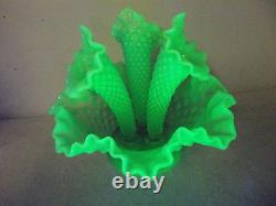 Vintage Fenton Emerald Green Opalescent 3 Horn Hobnail Epergne Vase