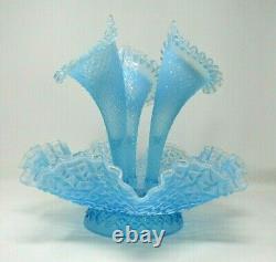 Vintage Fenton Glass Blue Opalescent Diamond Lace Epergne 3 Horns