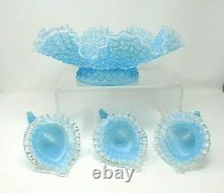 Vintage Fenton Glass Blue Opalescent Diamond Lace Epergne 3 Horns