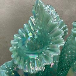 Vintage Fenton Glass Epergne Opalescent Iridescent Hobnail Sea Mist Green AS IS