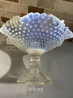 Vintage Fenton Glass White Opalescent Hobnail Footed Compote Bowl 8 Tall