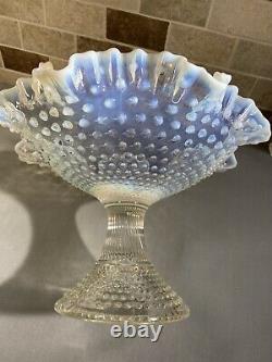 Vintage Fenton Glass White Opalescent Hobnail Footed Compote Bowl 8 Tall