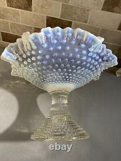 Vintage Fenton Glass White Opalescent Hobnail Footed Compote Bowl 8 Tall