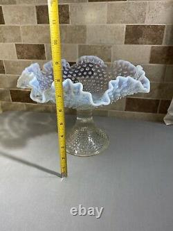 Vintage Fenton Glass White Opalescent Hobnail Footed Compote Bowl 8 Tall