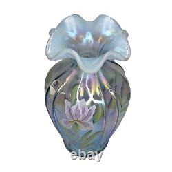 Vintage Fenton Ruffled Blue Opalescent Vase Hand Painted Flowers S. Stephens