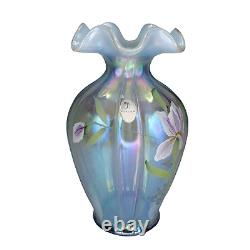 Vintage Fenton Ruffled Blue Opalescent Vase Hand Painted Flowers S. Stephens