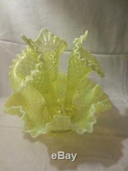 Vintage Fenton Topaz Opalescent Hobnail Vaseline Glass 3 Horn Epergne