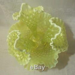 Vintage Fenton Topaz Opalescent Hobnail Vaseline Glass 3 Horn Epergne