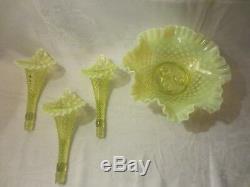 Vintage Fenton Topaz Opalescent Hobnail Vaseline Glass 3 Horn Epergne