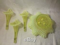 Vintage Fenton Topaz Opalescent Hobnail Vaseline Glass 3 Horn Epergne