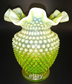 Vintage Fenton Topaz/Vaseline Opalescent Hobnail Ruffled Vase