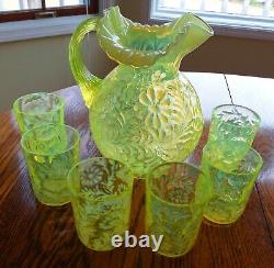 Vintage Fenton Vaseline Glass Topaz Opalescent Daisy & Fern Pattern Pitcher &