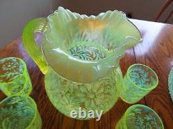 Vintage Fenton Vaseline Glass Topaz Opalescent Daisy & Fern Pattern Pitcher &