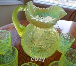 Vintage Fenton Vaseline Glass Topaz Opalescent Daisy & Fern Pattern Pitcher &