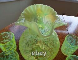 Vintage Fenton Vaseline Glass Topaz Opalescent Daisy & Fern Pattern Pitcher &