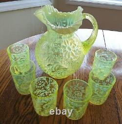 Vintage Fenton Vaseline Glass Topaz Opalescent Daisy & Fern Pattern Pitcher &