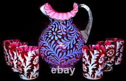 Vintage Fenton for L. G. Wright Cranberry Opalescent Daisy & Fern 7 pc. Water Set