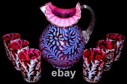 Vintage Fenton for L. G. Wright Cranberry Opalescent Daisy & Fern 7 pc. Water Set