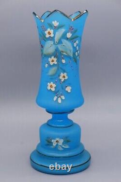 Vintage French Blue 7 Opaline Glass Bud Vase Hand-Painted