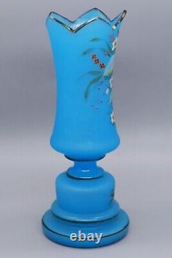 Vintage French Blue 7 Opaline Glass Bud Vase Hand-Painted