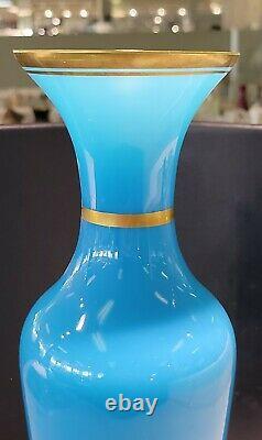 Vintage French Blue Oplaine Glass Vase 14 Tall