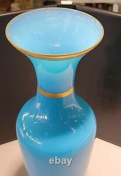 Vintage French Blue Oplaine Glass Vase 14 Tall