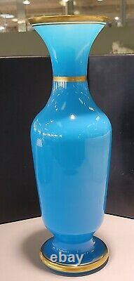 Vintage French Blue Oplaine Glass Vase 14 Tall