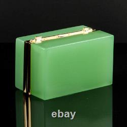 Vintage French opaline box casket golden polished metal rectangular green