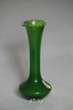 Vintage French or Italian Green Opaline Bud Vase 70s Scalloped 20cm 8in Emerald