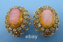 Vintage Hobe Opaline Art Glass Scarab Jonquil Rhinestone Filigree Clip Earrings