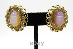 Vintage Hobe Opaline Art Glass Scarab Jonquil Rhinestone Filigree Clip Earrings