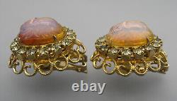 Vintage Hobe Opaline Art Glass Scarab Jonquil Rhinestone Filigree Clip Earrings