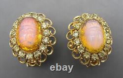 Vintage Hobe Opaline Art Glass Scarab Jonquil Rhinestone Filigree Clip Earrings