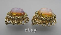 Vintage Hobe Opaline Art Glass Scarab Jonquil Rhinestone Filigree Clip Earrings