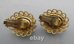 Vintage Hobe Opaline Art Glass Scarab Jonquil Rhinestone Filigree Clip Earrings