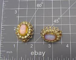 Vintage Hobe Opaline Art Glass Scarab Jonquil Rhinestone Filigree Clip Earrings