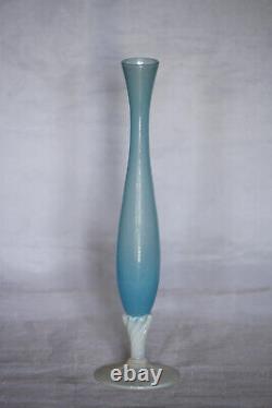 Vintage Italian Blue Opaline Glass Stem Vase Italy 24cm 9.4in White Base MCM 70s