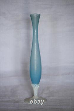 Vintage Italian Blue Opaline Glass Stem Vase Italy 24cm 9.4in White Base MCM 70s
