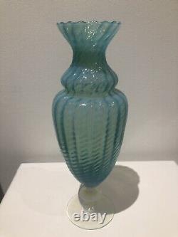 Vintage Italian Empoli Large Milky Opaline Blue Turquoise Glass Vase Urn Mint