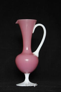 Vintage Italian Pink Opaline Ewer Vase Italy 23cm 9in White Opalescent Base