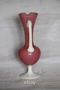 Vintage Italian Pink Opaline Ewer Vase Italy 23cm 9in White Opalescent Base