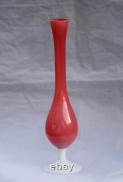 Vintage Italian Pink Opaline Vase White Base 70s 29cm 11.4in Empoli Murano