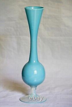 Vintage Italian Turquoise Blue Opaline Glass Footed Vase 70s 26cm 10in Space Age