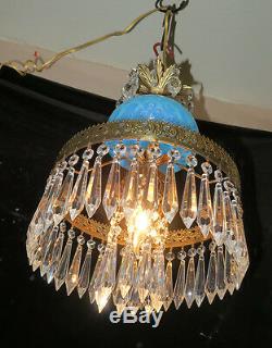 Vintage Lamp chandelier MURANO Venetian Turquoise Opaline Art Glass brass Tole