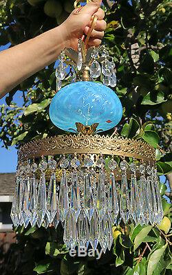 Vintage Lamp chandelier MURANO Venetian Turquoise Opaline Art Glass brass Tole