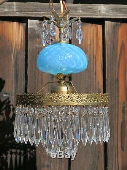 Vintage Lamp chandelier MURANO Venetian Turquoise Opaline Art Glass brass Tole