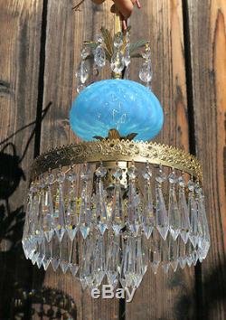 Vintage Lamp chandelier MURANO Venetian Turquoise Opaline Art Glass brass Tole