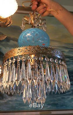 Vintage Lamp chandelier MURANO Venetian Turquoise Opaline Art Glass brass Tole