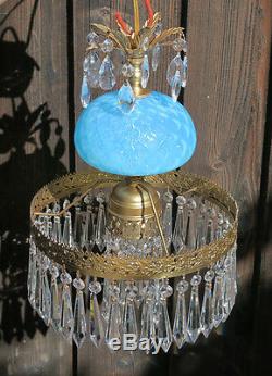 Vintage Lamp chandelier MURANO Venetian Turquoise Opaline Art Glass brass prisms