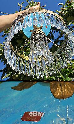 Vintage Lamp chandelier MURANO Venetian Turquoise Opaline Art Glass brass prisms
